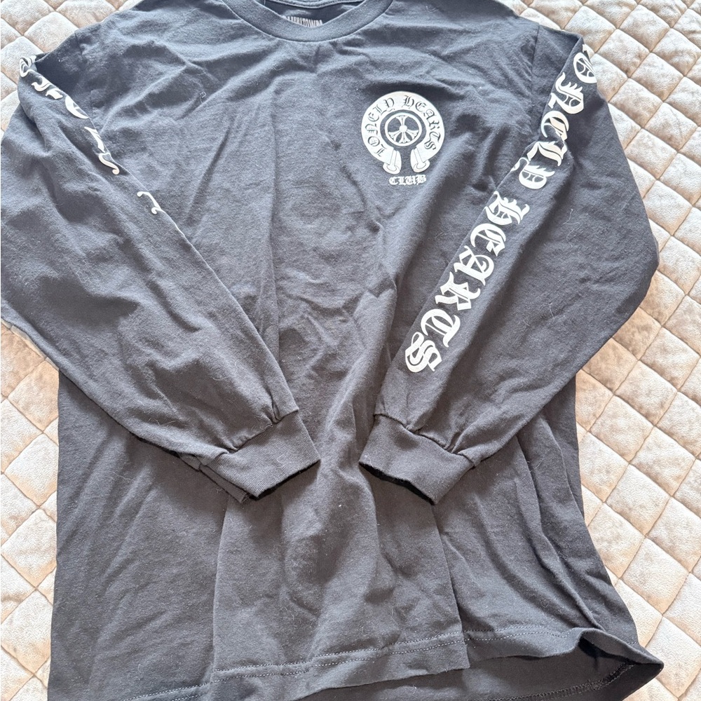 Black Long Sleeve Graphic Tee with White Sleeve Script